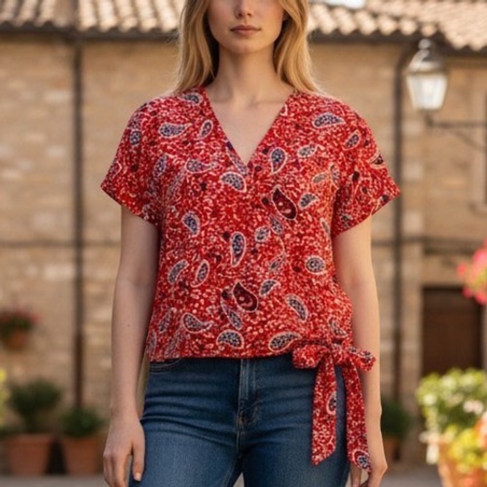 West K Red Paisley Side Tie Wrap V-Neck Top Large TU40120-Z